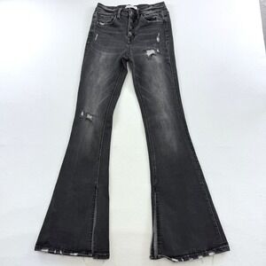Flying Monkey Womens Distressed Flare Jeans Black Button Fly Side Slit F4322